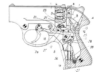 US Patent Office 4625443 - Single or double action tripping mechanism for four-barrlled pistol -